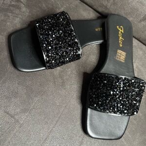 Black Embellished Women's Slide Sandals